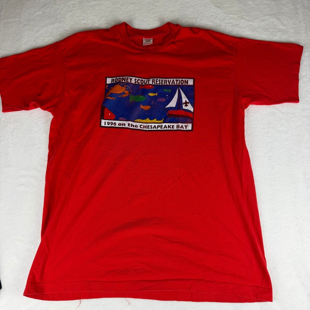Vintage 90s Fruit of the Loom Mens XXL Rodney Scout T Shirt Red Made in USA